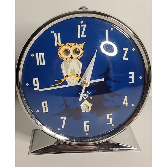 Diamond Owl Animated Wind-Up Alarm Clock Vintage UV Reactive - Picture 1 of 12